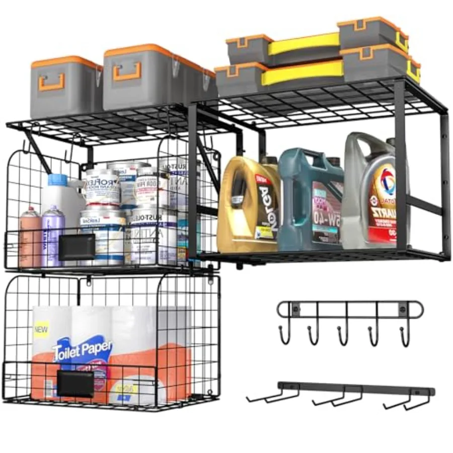 

Garage Shelf Wall Mounted with Wire baskets Heavy Duty Garage Wall Shelving with Garden Tool Rack and Hooks Wire Shelf Baskets