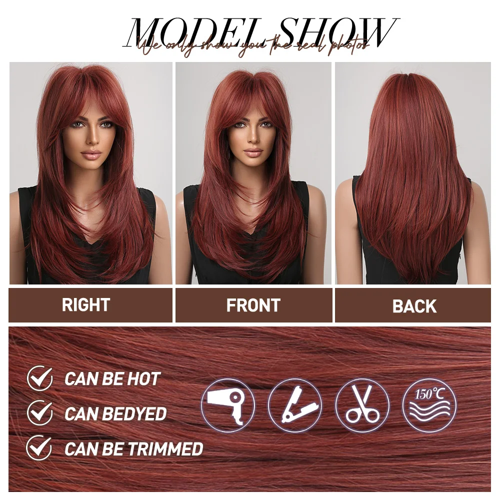 oneNonly Red Wig with Bangs Long Straight Synthetic Wigs for Women Lolita Party Natural Hair Wigs High Temperature