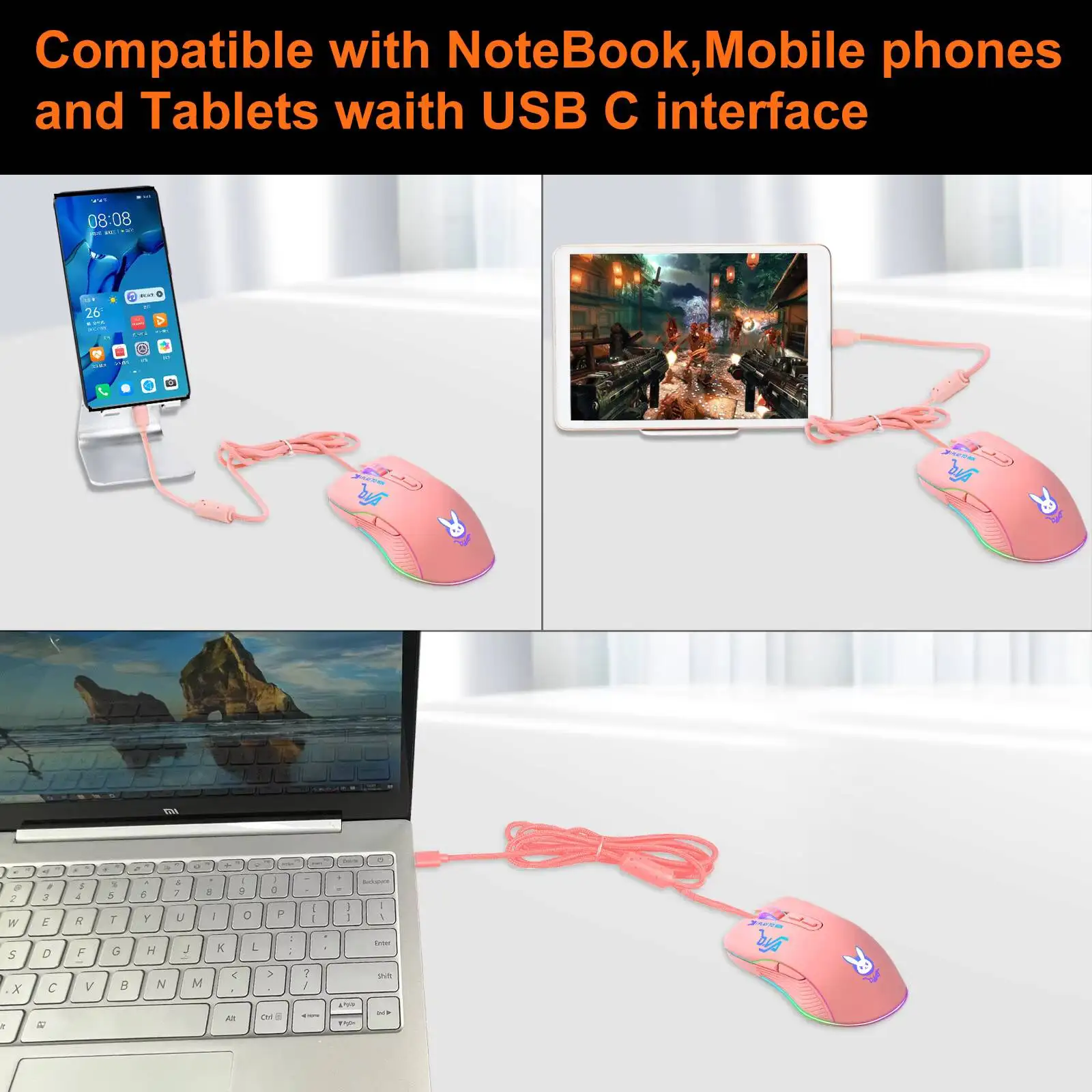 Type-C Port  Wired Gaming Mouse RGB Lighting Macro Programmable USB-C Ergonomic 7200DPI Adjustable Mice For Laptop Tablet PC
