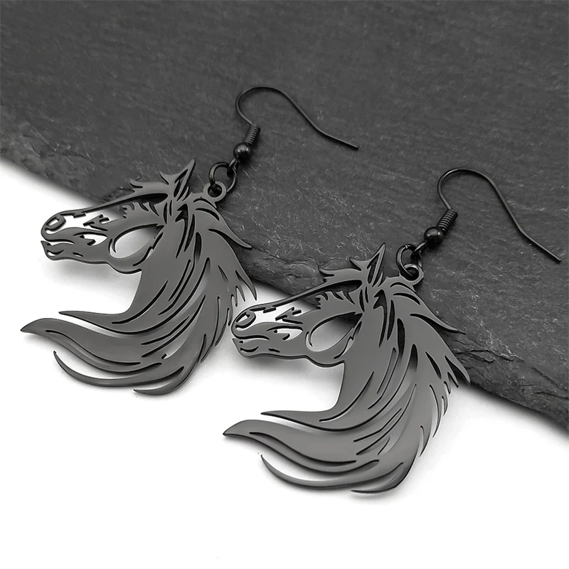 Pferdekopf baumelnde Ohrringe für Frauen Männer Edelstahl Silber Schwarz Farbe Pony Tierliebhaber Tropfen Ohrringe Schmuck