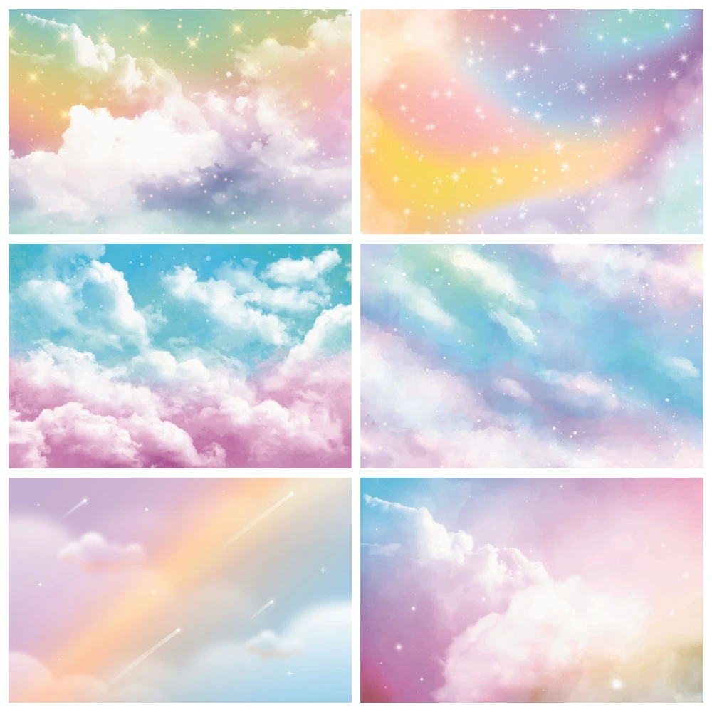 

Rainbow Clouds Backdrop Colorful Blue Sky Glitter Stars Gradient Baby Shower Birthday Party Photography Background Photo Studio