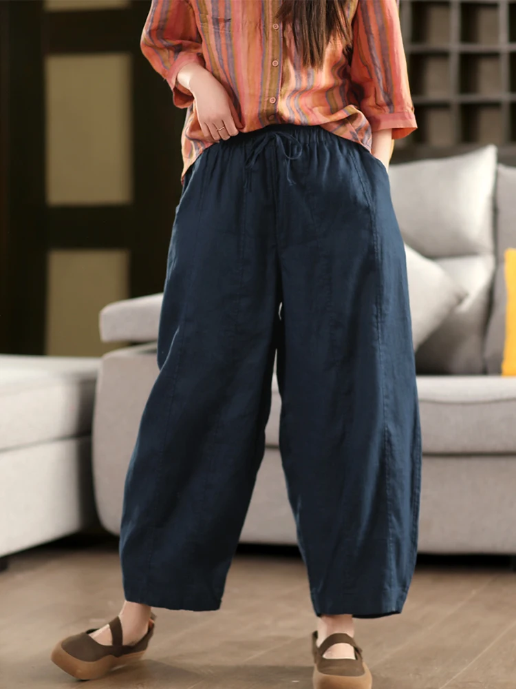 

Casual Loose Linen Pants with Belt Bend Knife Outline Waed Effect Slimming Versatile Carrot ape Commute Sle Women's Jeans