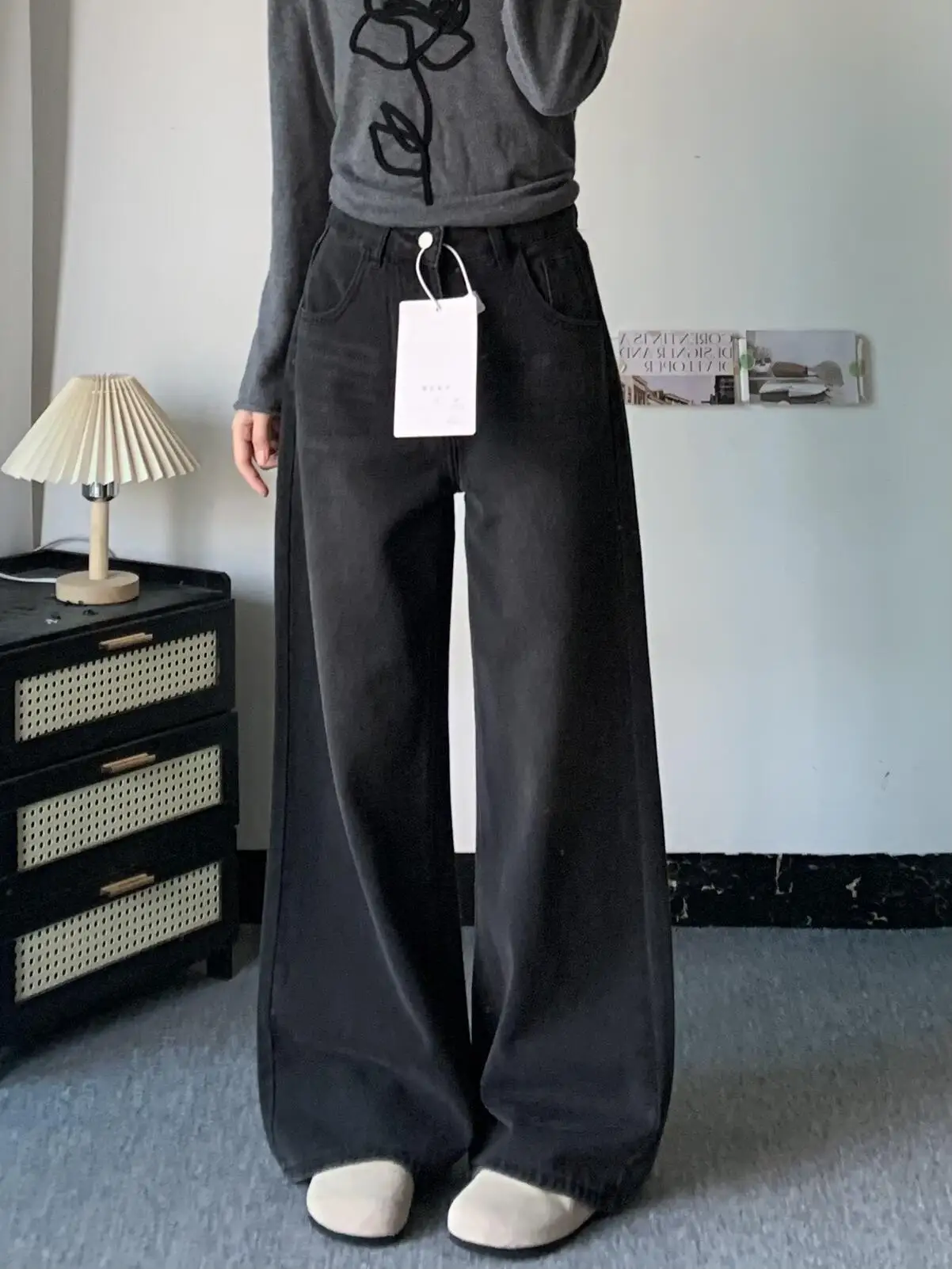

Y2K Black Gray Jeans Women American Retro Wide Leg Spring Loose Hanging Straight Leg Pants Trendy