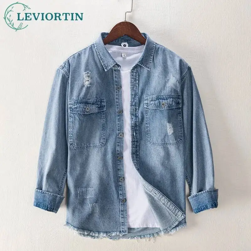 

Джинсовая рубашка в стиле ретро для мужчин, осенняя повседневная укороченная рубашка с потертым подолом, рабочие джинсовые рубашки на пуговицах с длинными рукавами, куртка