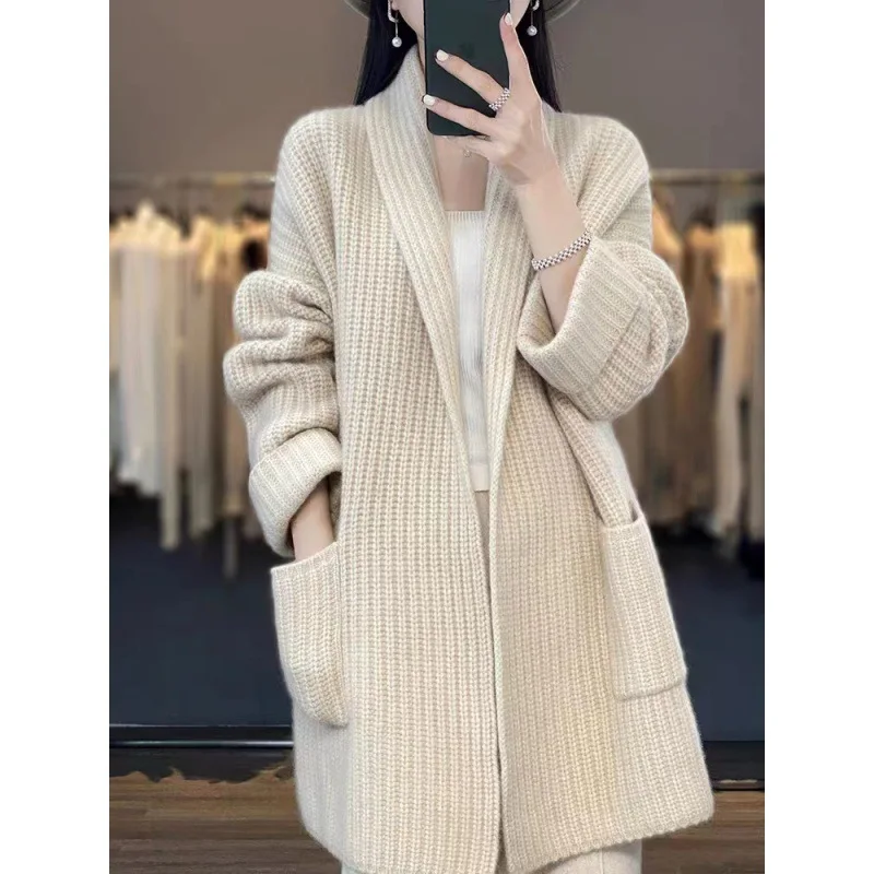 Women Clothing Cashmere Cardigan Middle Length Tops V-neck Woolen Sweater Loose Wool Knitted Coat Autumn Winter Sweater Jacket