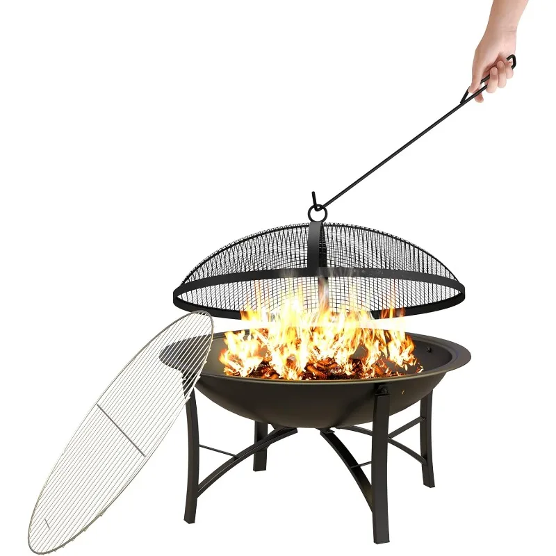 Fire Pit for Outside Wood Burning Firepit BBQ Grill Steel Fire Bowl with Spark Screen Cover, Log Grate, Poker