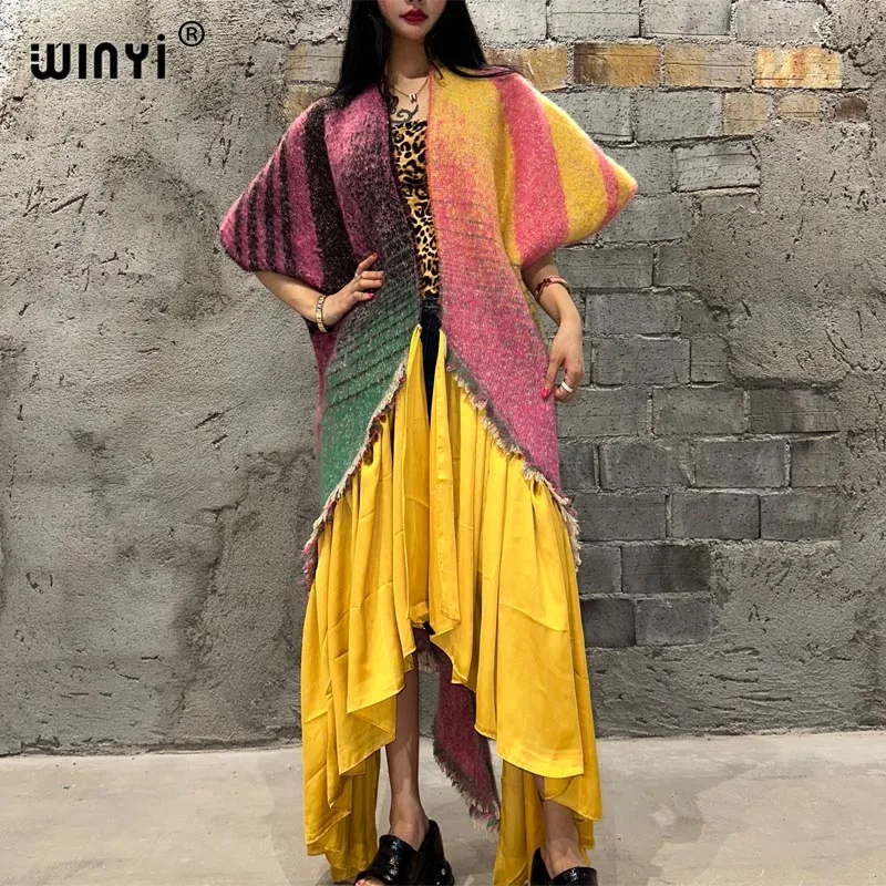 Winyi neue Winterkleid ung für Frauen geometrischen Druck Afrika Luxus langes Fell loser Mantel dicken warmen langen Daunen mantel Winterkleid