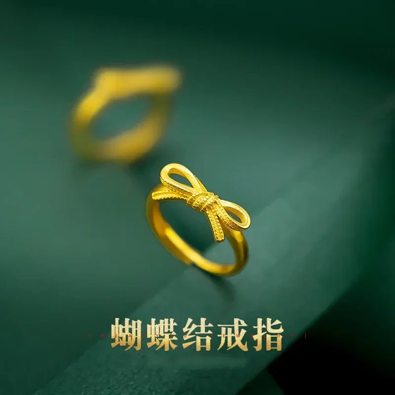 

9999 Real Gold 24K Japanese and Korean Fashion Gold Edition Bow Women's Ring Korean Edition Student Fashion Cute Bow Live Ring