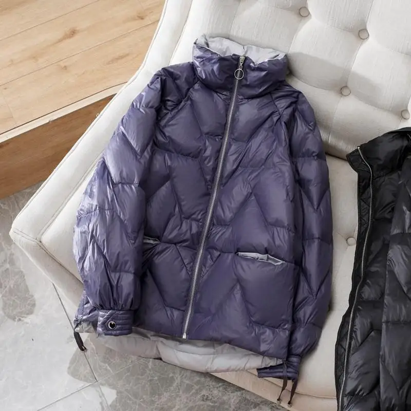 

Faionable White Du down Puffer Jaet Women's ort Sle Winter Clothes Slimming Cact Bread Sle Stand Collar Coat