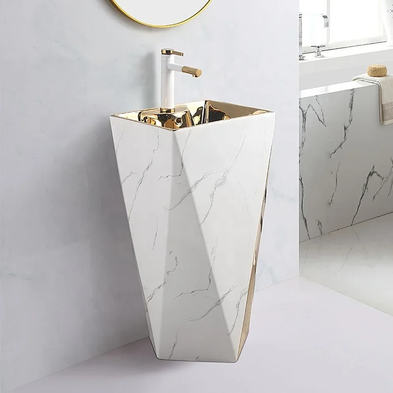 YYHC-White Gold Basin Electroplated Gold Pedestal Art Basin Luxury Freestanding Sink Bathroom Wash Basins