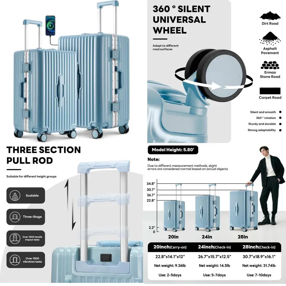 

aluminum frame luggage set: hardshell suitcases with tsa lock, cup holder, usb/type-c charging ports, and carry-on sizes