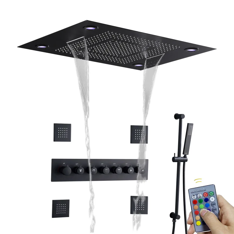 

Black Canopy Concealed Shower Top Spray LED Multi-functional Waterfall Massage Shower Side Spray Shower Full Set