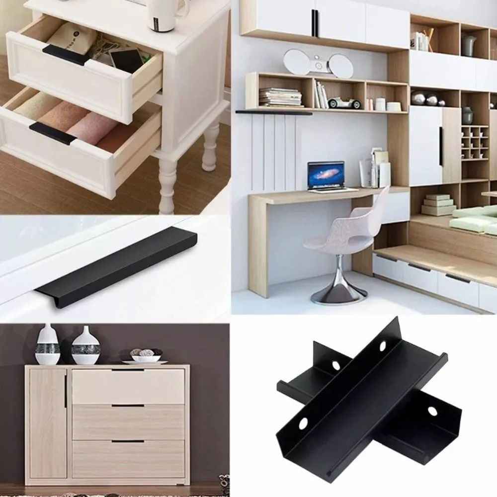 10pcs Modern Aluminium Alloy Cabinet Edge Pulls Black Concealed Mount Drawer Pull Handles Finger Pull Door Handles Kitchen