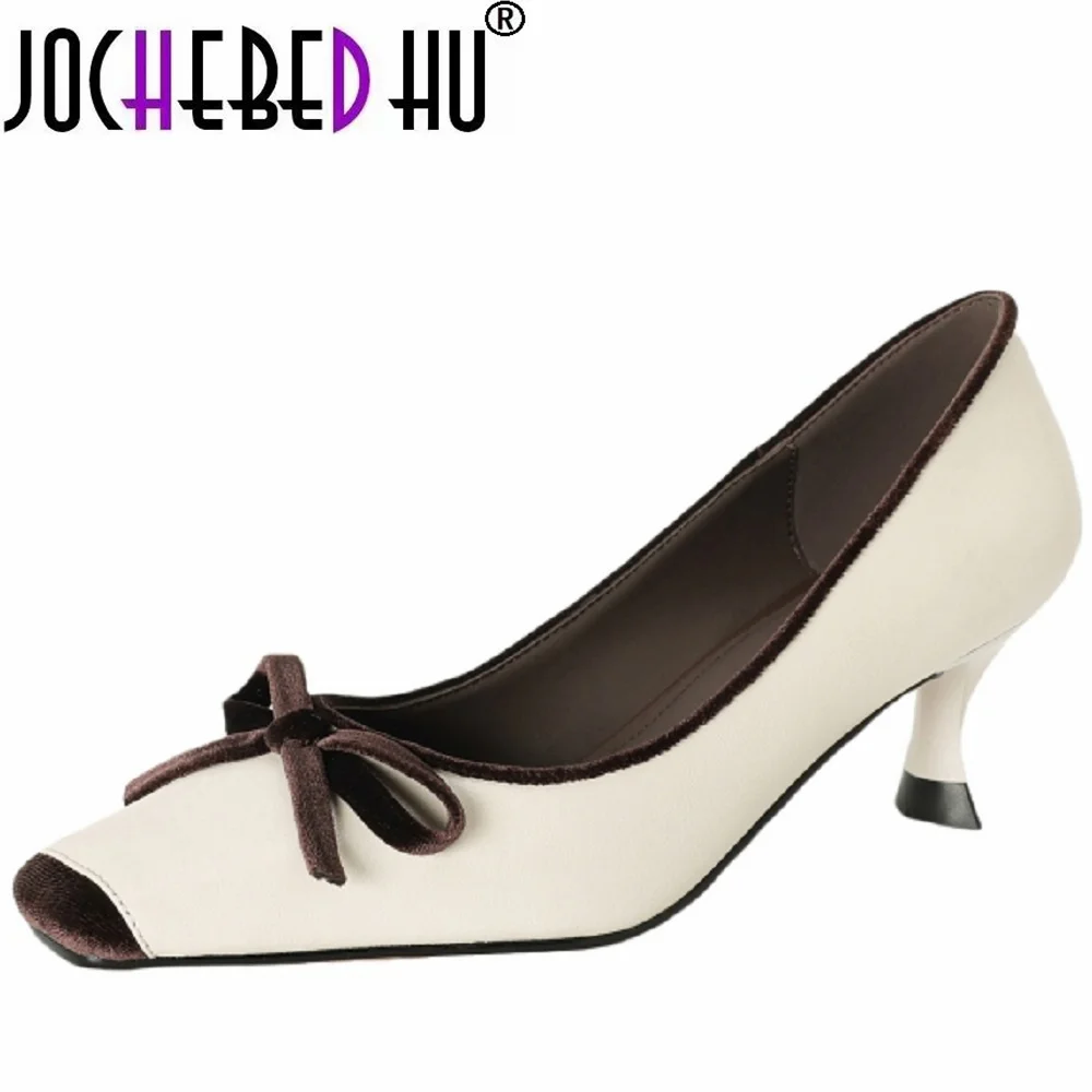

【JOCHEBED HU】Handmade Genuine Leather Colour mixture Style Evening Shoes Soft Bottom Bow Design Mid Heel Platform Shoes 34-40