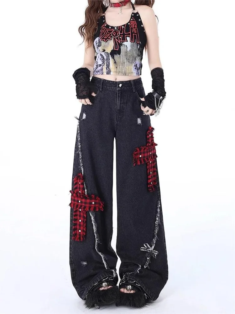 HOUZHOU Gothic Vintage Y2k Jeans Baggy Woman Japanese Style Denim Pants Korean Fashion Streetwear Harajuku Punk Gyaru Trousers