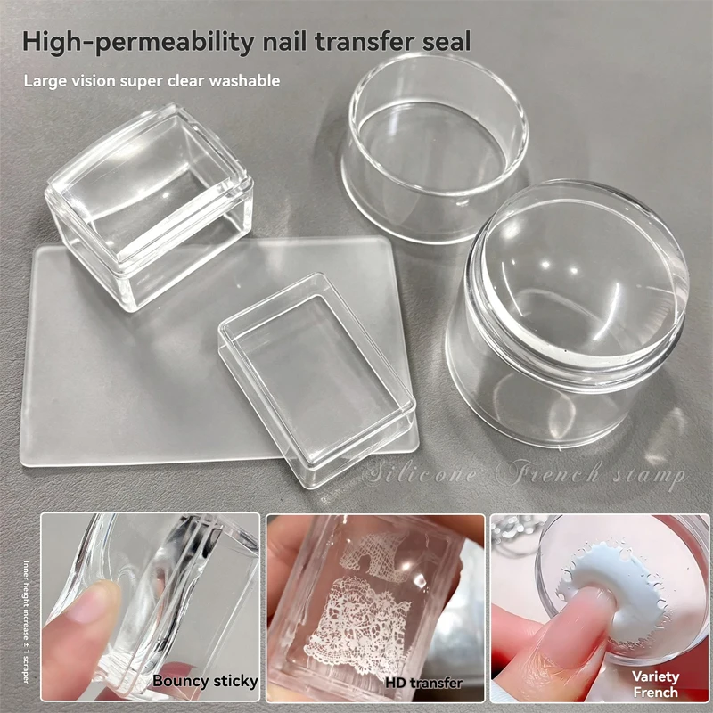 Clear Silicone Nail Stamper with Cap French Tip Stamp Scraper Nail Art Tools Set for Stamping Plate Manicure