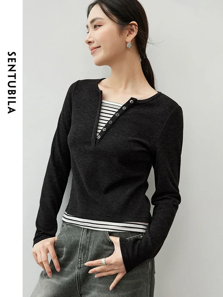 SENTUBILA coupe ajustée rayé T-shirt femmes 2025 automne Patchwork 2 en 1 haut col rond à manches longues Simple femmes t-shirts 143T56388