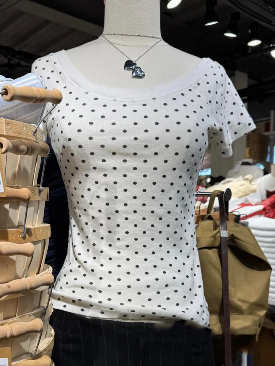 Slash Neck Short Raglan sleeve Cotton Tee Shirts Women Casual Preppy Style White Slim Tshirts Female Sweet Polka Dot T-shirt Y2K