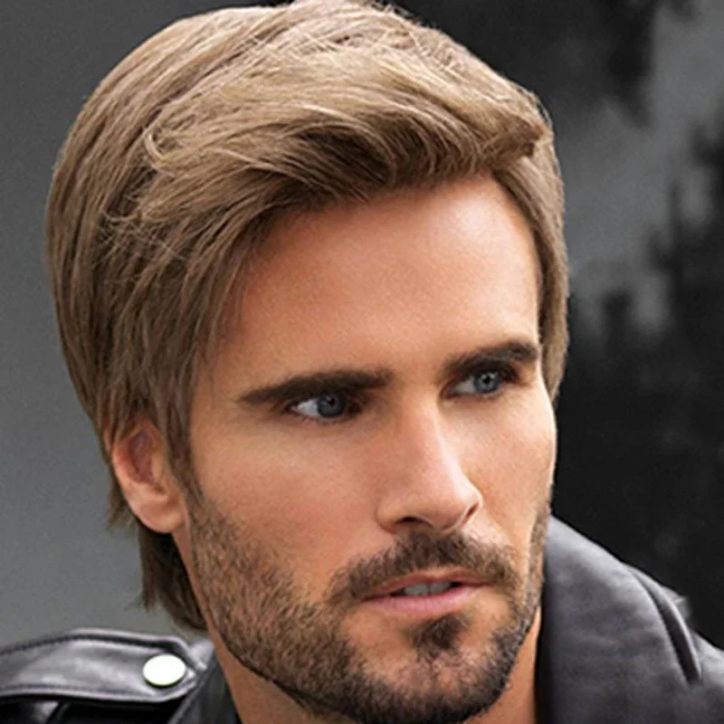 Men's Fashion Wig Fluffy Short Brown Hair Soft & Healthy Synthetic Wig Handsome Man Wig for Daily Party