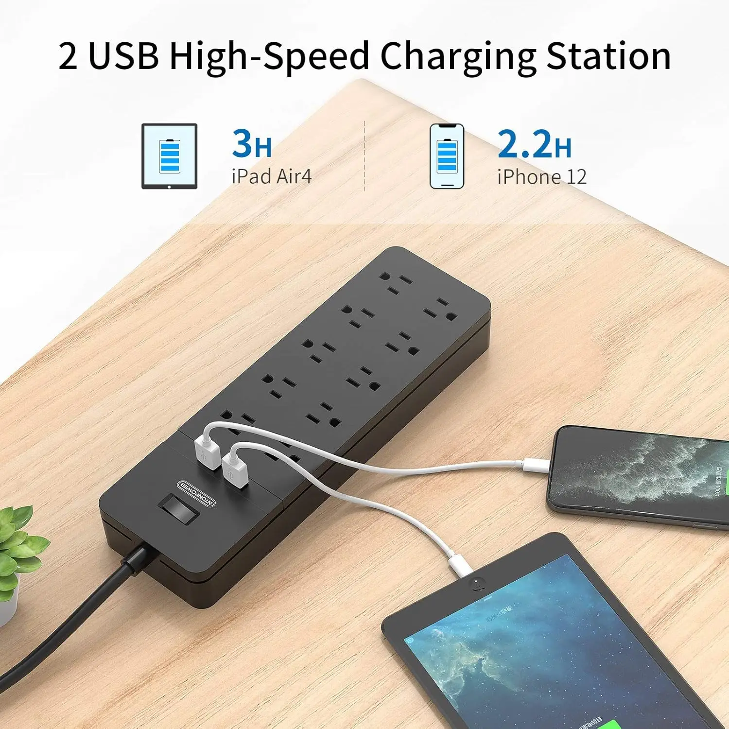 NTONPOWER  US Plug Power Strip 10 Outlets 2 USB Ports Multiple Sockets 25Ft Extension Cord Surge Protector Network filter socket