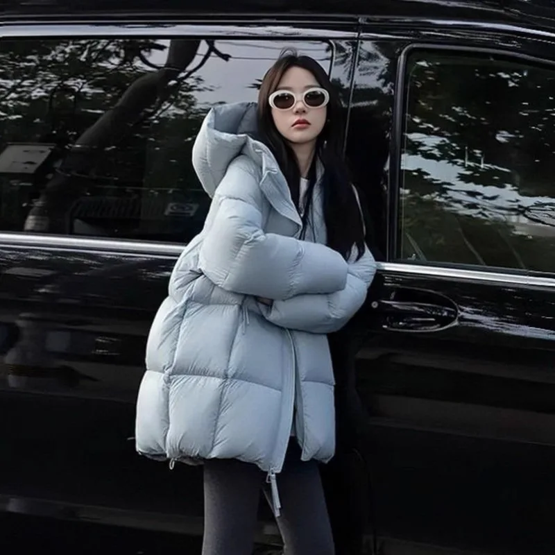 

Winter Mid Length Puff Hooded Down Jacket Women White Duck Down Fluffy Down Jacket Female Solid Thick Warm Zipper Parker Outwear