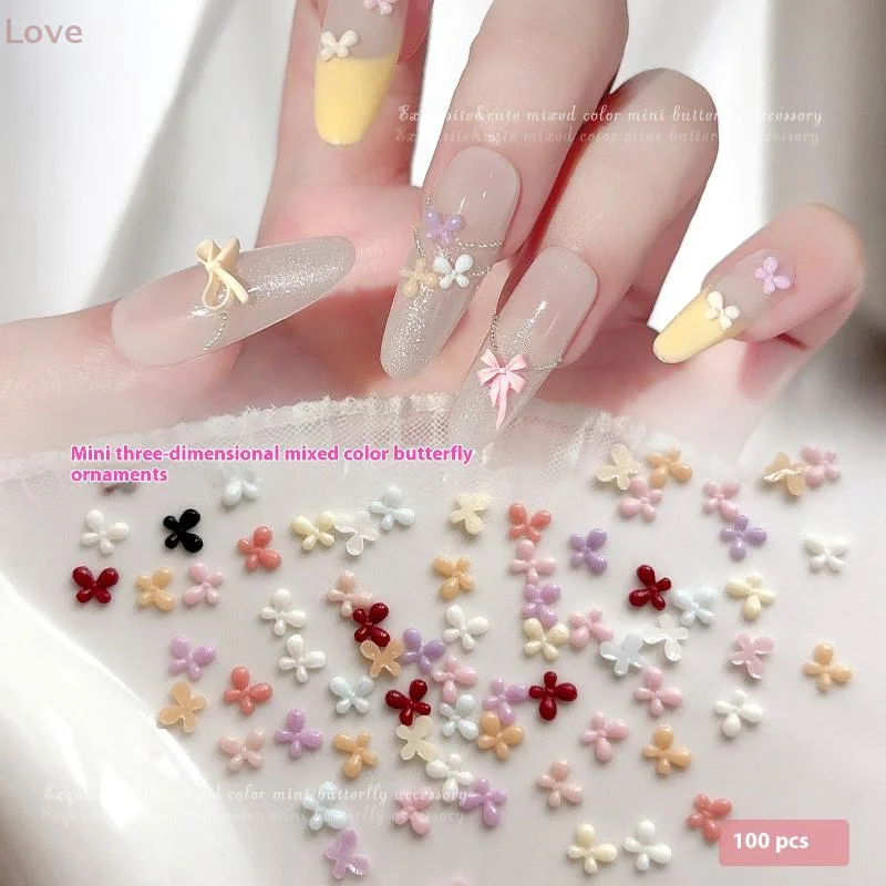 100Pcs Nail Enhancement Mini Mixed Color Bow Resin Flat Bottom Nail Decoration Nail Charm Accessories
