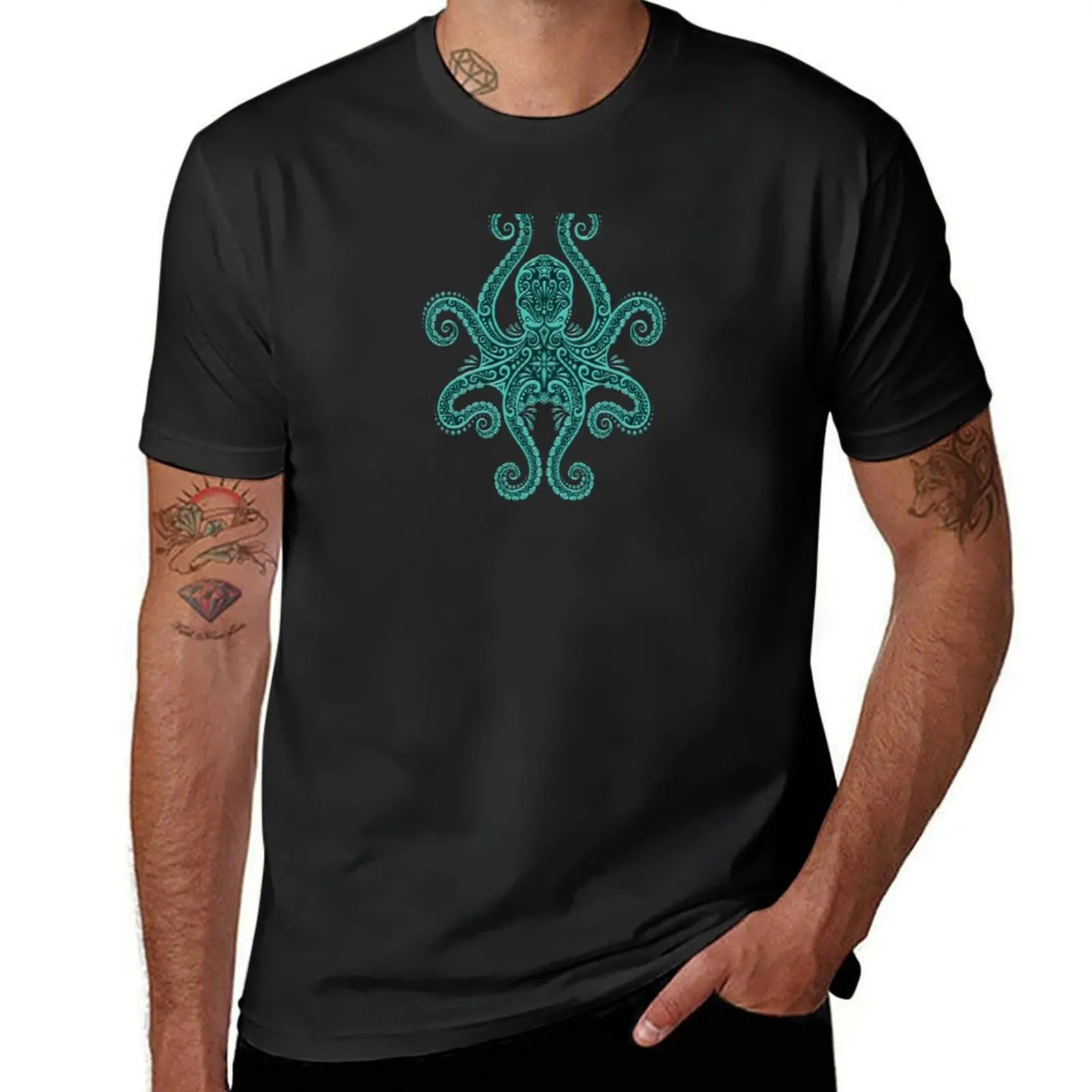 Intricate Teal Blue Octopus T-Shirt customizeds vintage mens champion t shirts