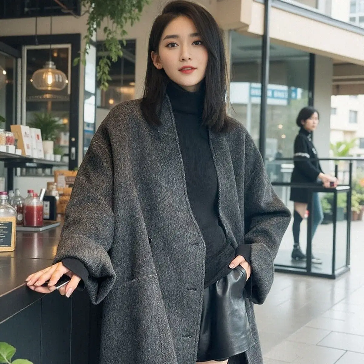 

Dark Gray V-Neck Woolen Coat For Women'S Winter New Style, High-End And Unique Temperament, Fashionable Coat