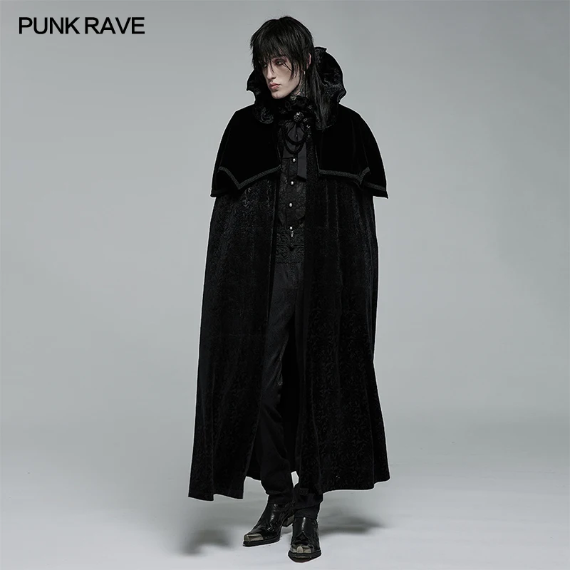 

PUNK RAVE Men's Gothic Mysterious Dark Noble Night Cloak Weft Velvet & Jacquard Long Men Neckline Simulated Red Gemstones