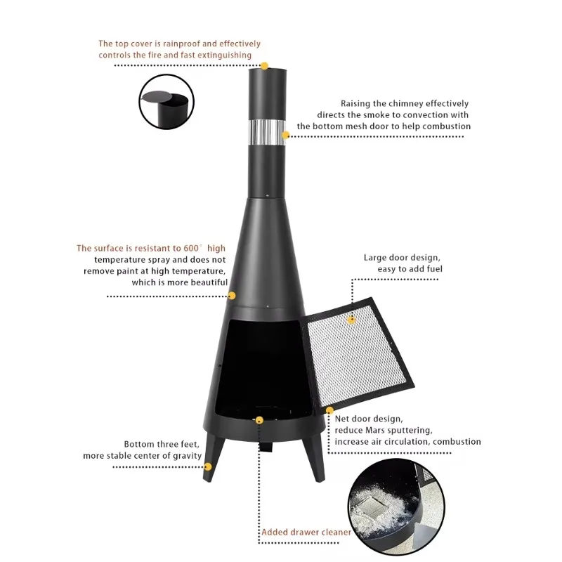 2025 Customizable Heavy-Duty Outdoor Fireplace Set Stylish Simple Pyramid Fire Pit Chimnea  For Garden Backyard Firewood Burning