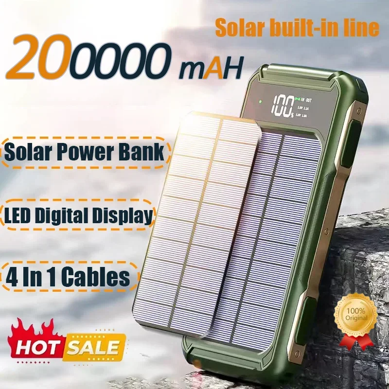 

200000mAh Large Capacity Solar Power Bank 4 in 1 Built in Cables Intelligent Digital Display Laser Light for Samsung Apple