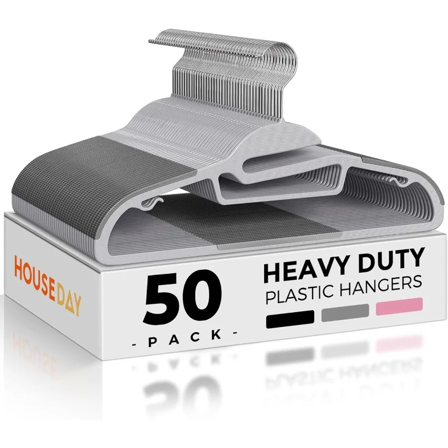 Graue Kunststoff-Kleiderbügel, 50er-Pack, schlanke, platzsparende, rutschfeste Kleiderbügel mit Gummipolstern, robuster, robuster Kleiderbügel für Schrank SShap