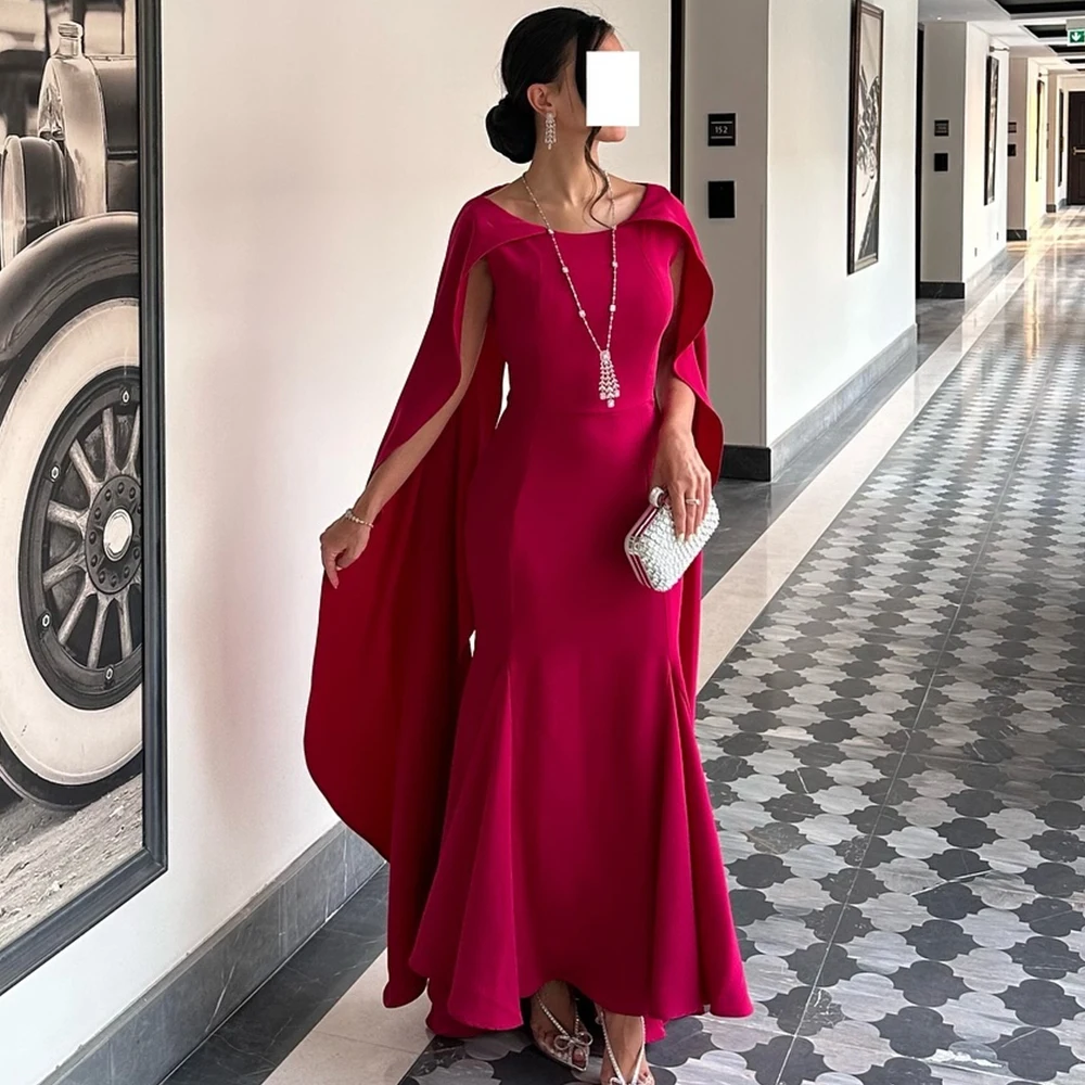 

Saudi Arabia Evening Gowns Tea Length Straight Jersey Sleeveless Pleats Solid Color Shawl Dresses For Formal Occasions Classic