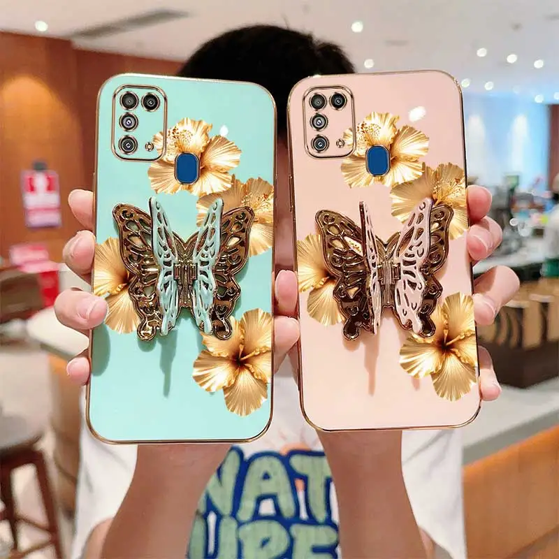 2pcs(Beautiful golden hibiscus phone Case+Butterfly Stand) For Galaxy M31/A51/A55 5G/A53 5G/M31Prime/M02  Phone Case
