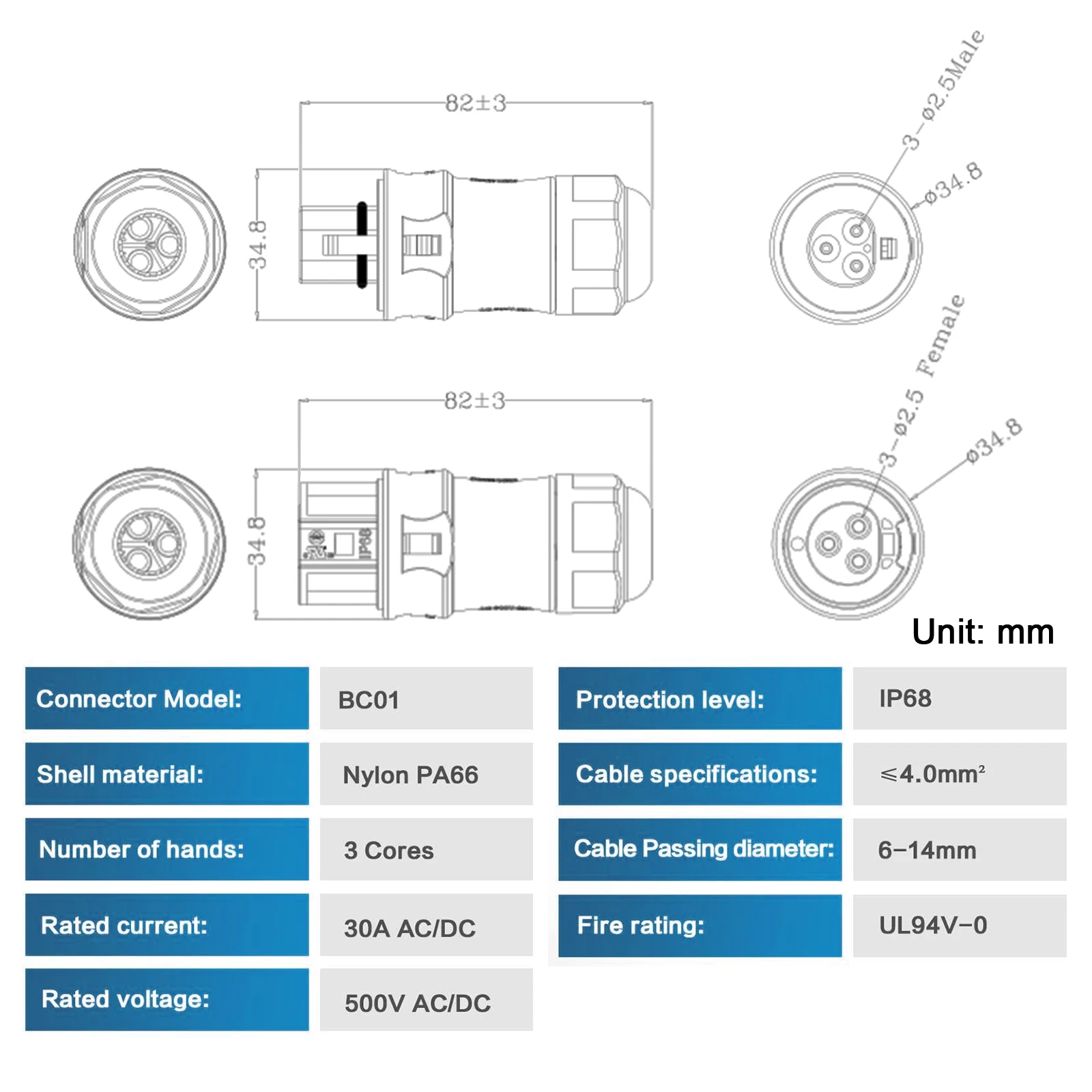 Bc01 3 Pin Connector AC Male Female IP68 for Solar Grid Tie Micro Inverter Hoymiles Deye APsystems PV Panel Power Setup Adapter