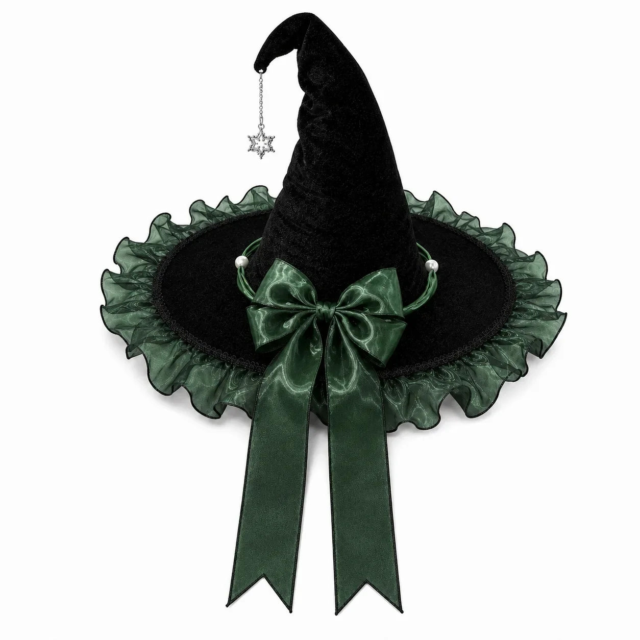2027 Black Witch Hat Lace Ruffle Wide Brim Bow Star Charm Halloween Costume Headwear for Women Cosplay Party Masquerade Dress Up