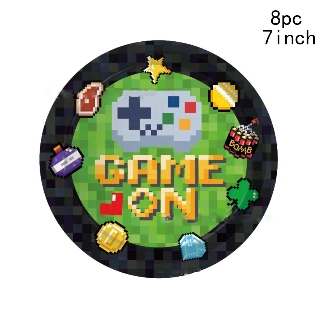 8pcs Pixel Games Disposable Tableware Game On Level Up Paper Plates Napkin Cup Happy Game Boys Birthday Party Decor