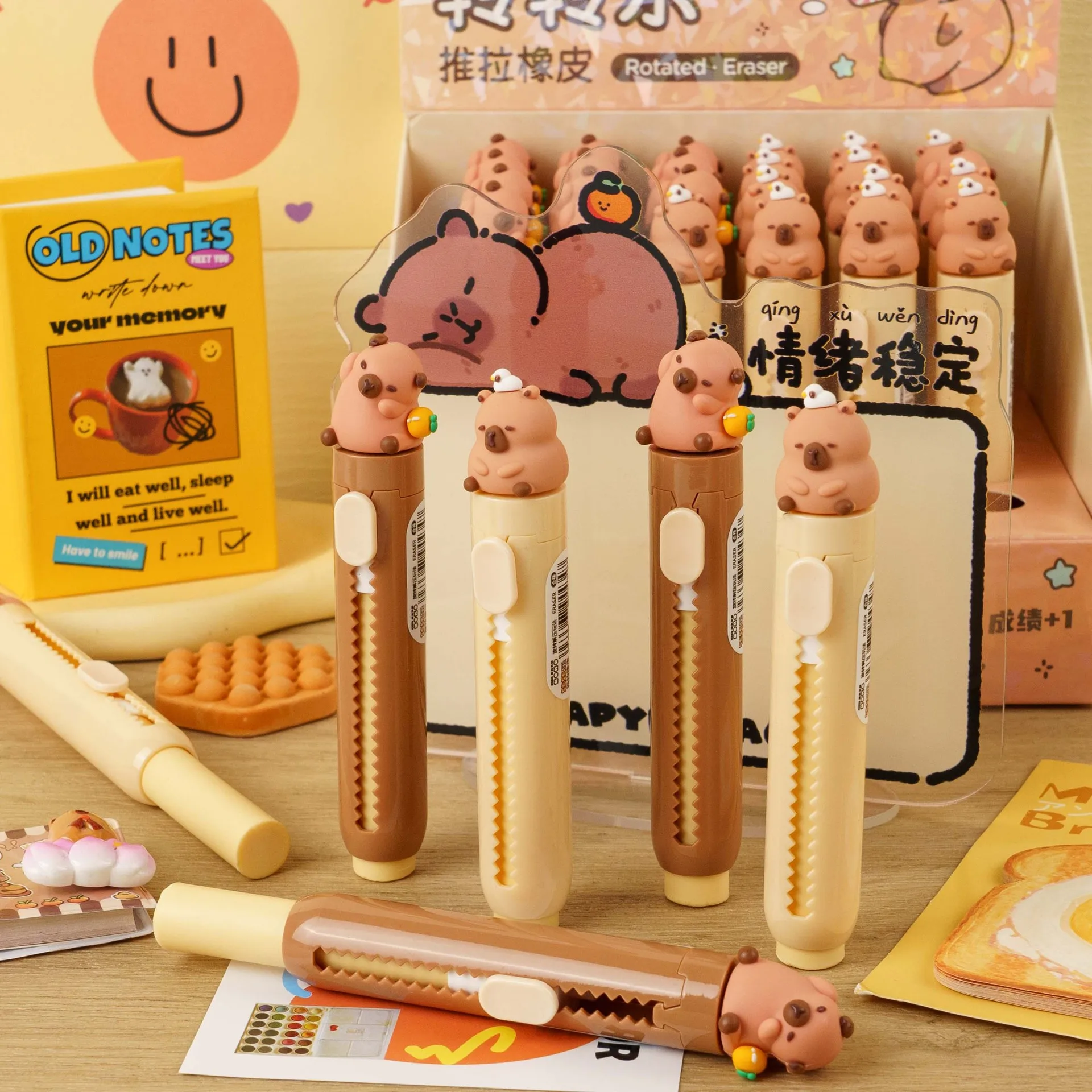 30Pcs/Lot Rotation Capybara Press On Erasers Cartoon Retractable Rubber Pencil Erasers For Kids Students Writing Drawing Tool