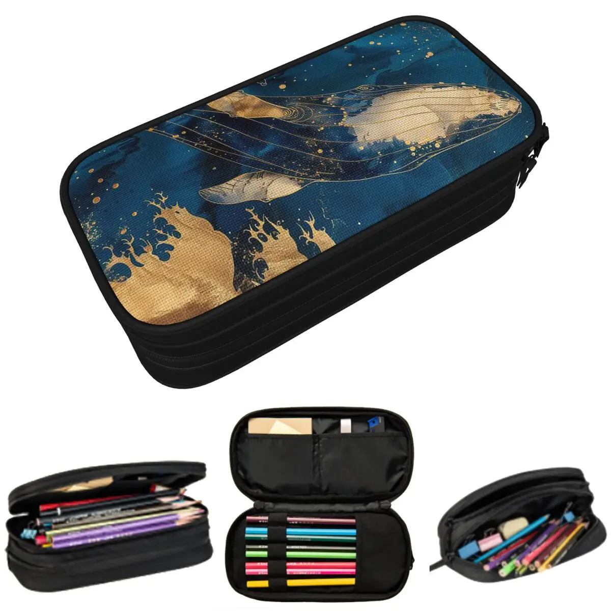

Golden Blue Aesthetic Whale Pencil Case for Boys Girls Gifts Pen Box Pencil Bag Stationery Supplies Pen Holder Bag