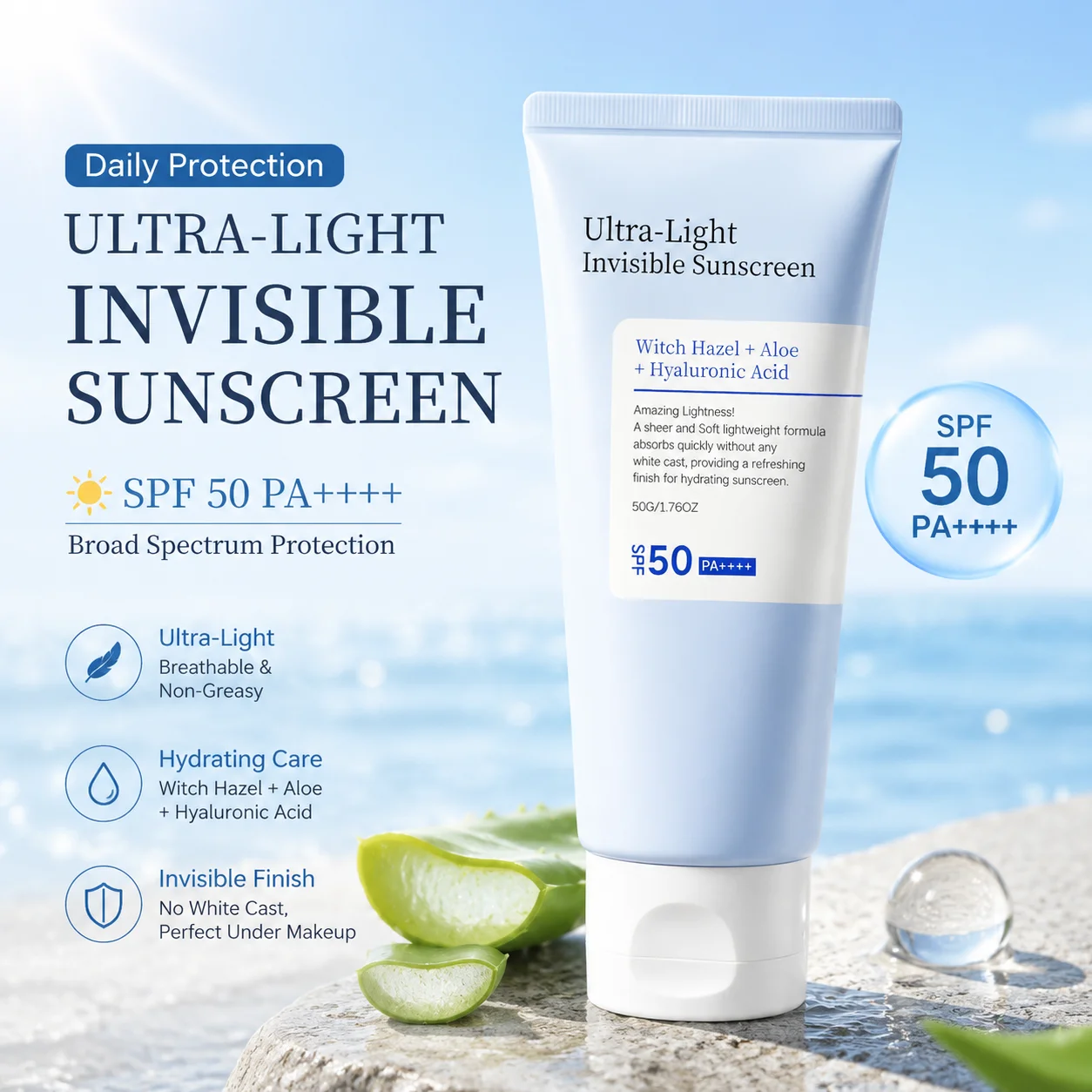 Ultra-Light Invisible Sunscreen SPF 50 High Sun Protection Hydrating Lightweight Anti Oxidant Sun Block Lotion For All Skin Type