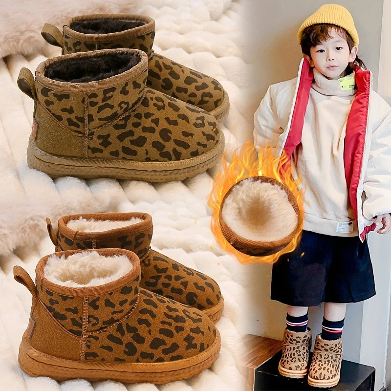 

Children's Snow Boots 3-18 Years Old Brown Padded Thickened Boys Girls Cotton Shoes Winter New Khaki Leopard Kids Short Boots