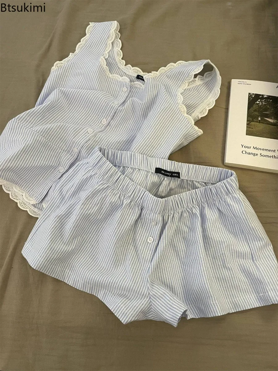 Women's Fashion Lace Striped Pajamas Blue Suit Sleeveless Nightwear Single Breasted Pajamas and Shorts Two Piece Set for Women