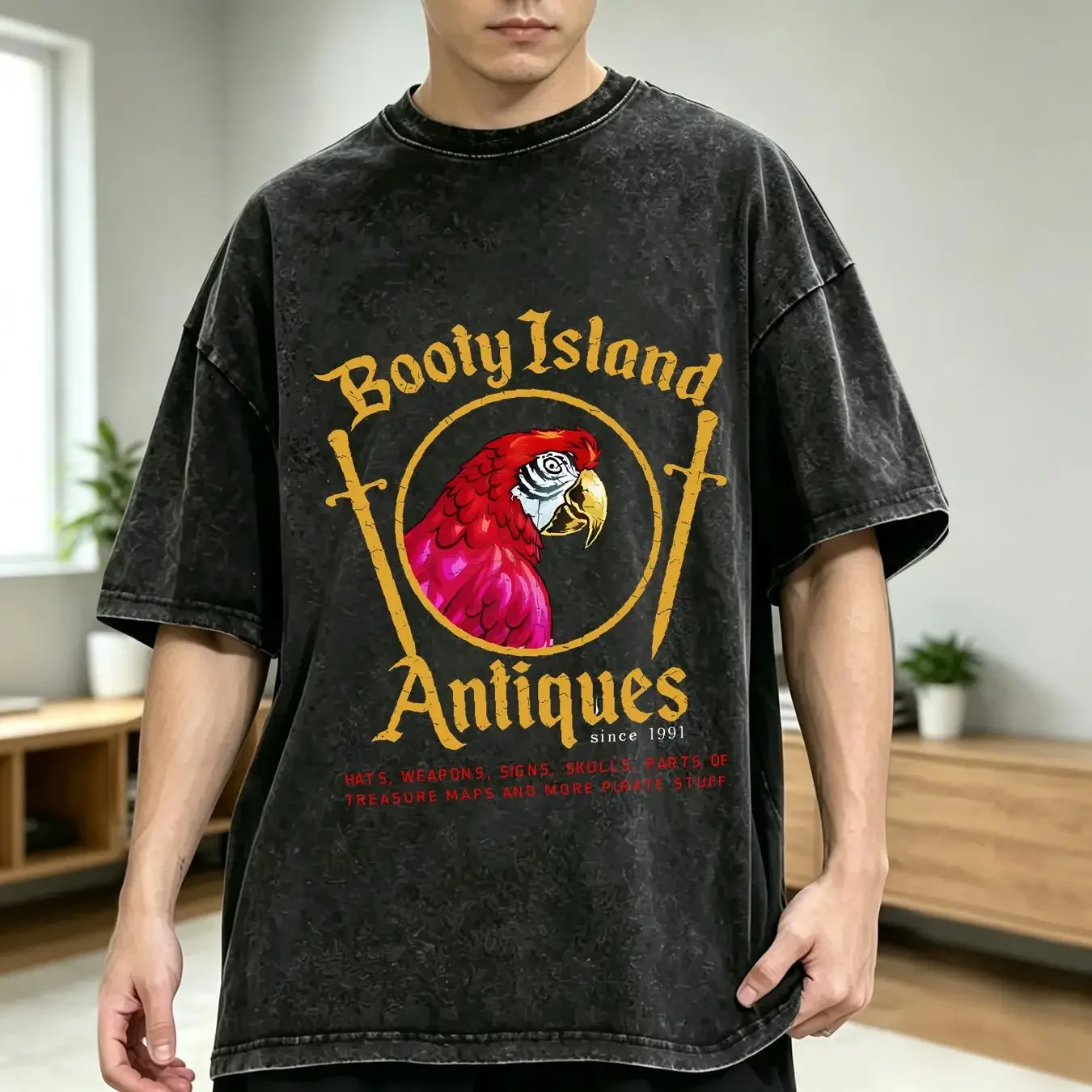 washed T Shirt Booty Island Antiques The Game Secret Symbol of Monkey East Logo vintage Washed fashion homme Unisex