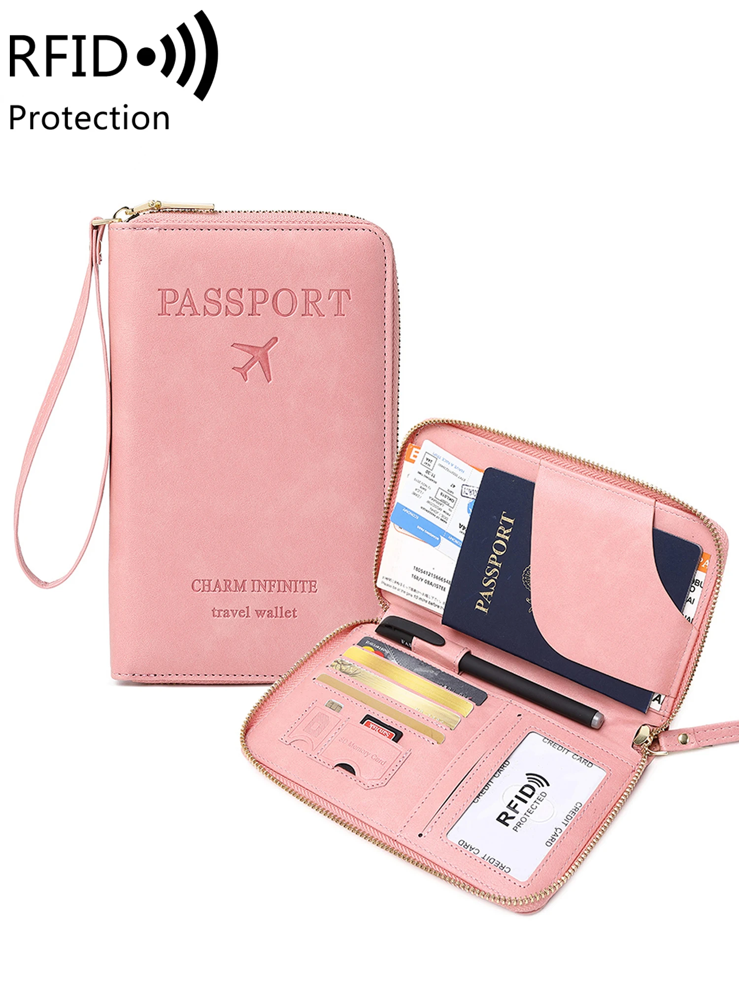 

Unisex RFID Anti-theft Swipe Multifunctional Zipper Passport Bag PU Leather Credit Card ID Passport Holder Travel Accessories