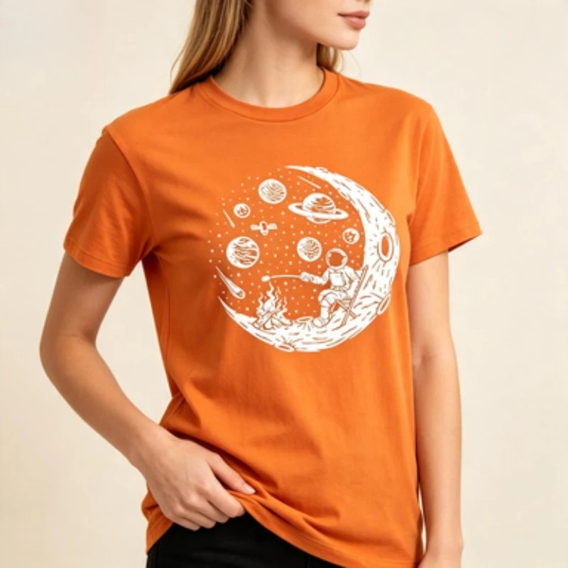 Space Lover Men Cotton Tshirt Astronaut Roasting Marshmallow On Crescent Moon Retro Galaxy Planet Graphic Short Sleeve Tees