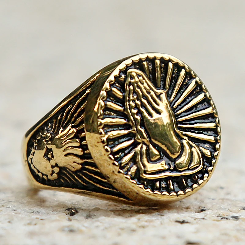 Vintage Gold/Silver Color Christ Prayer Signet Ring Men Women Crown Heart 316L Stainless Steel Biker Ring Fashion Lucky Ring