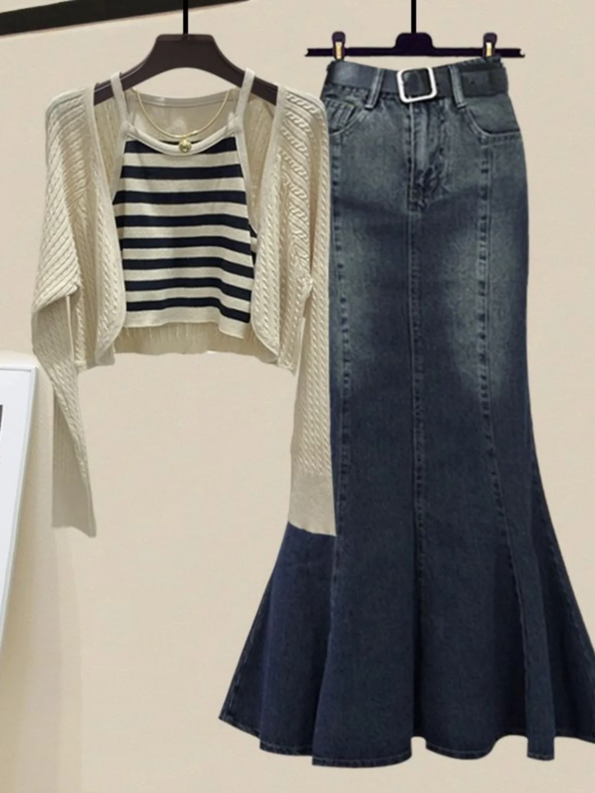 Automne Faion femmes Denim Dr Cardigan Fi queue jupe taille haute jupe Midi t-shirt pièce ensemble coréen Sle trajet Dr