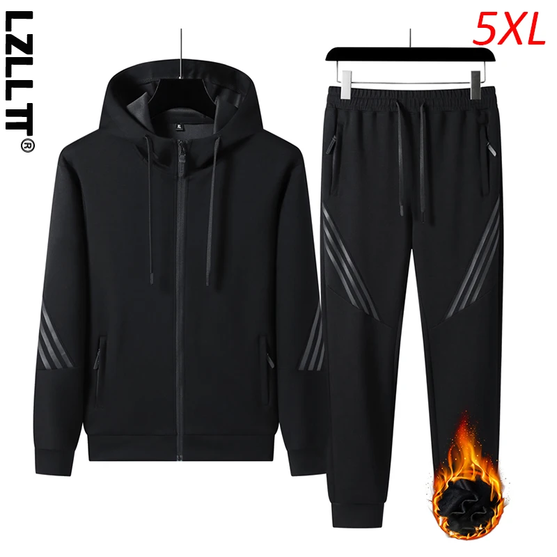 Winter Men Casual Fleece Sport 2 Pieces Tracksuits Suits Men Thick Sportswear Outdoor Hike Sets Male Jogger Classic Hooded Suits