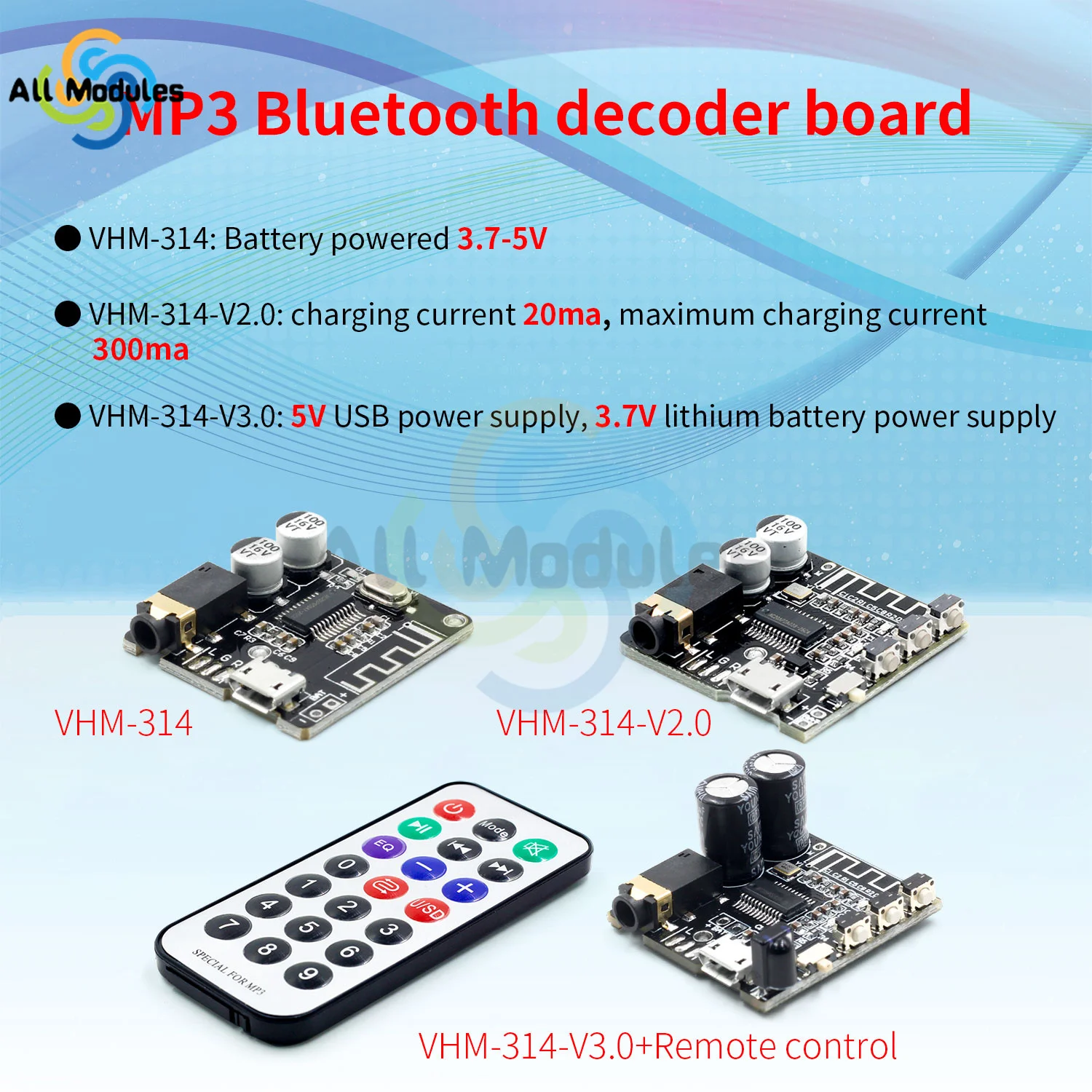 DIY Bluetooth Audio Receiver Board Bluetooth 5.0 MP3 Lossless Car Audio Decoder Board Wireless Stereo Music Module VHM-314