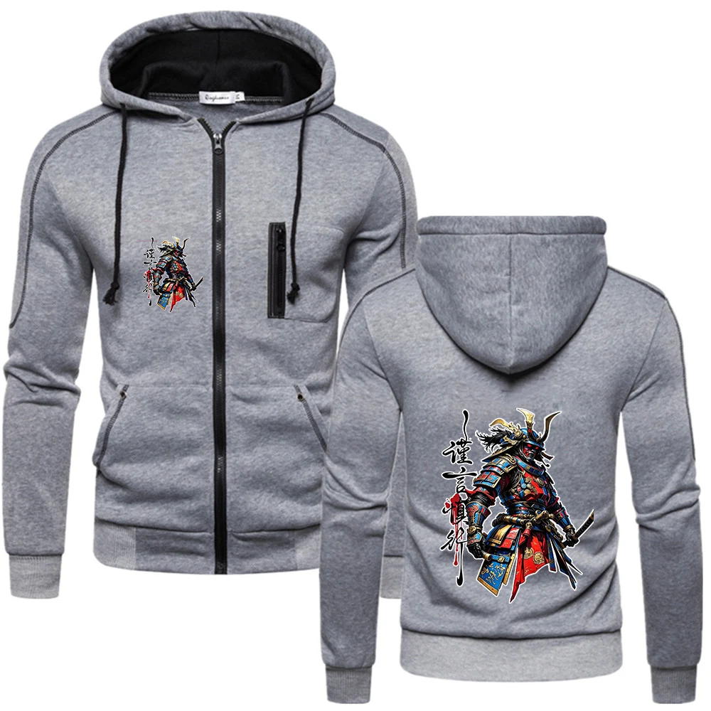 Street-style Samurai Pattern Logo 2026 Spring Autumn Zipper Hoodies Men's New High Quality Hooded Fashion Casual  Loose Fit Coat